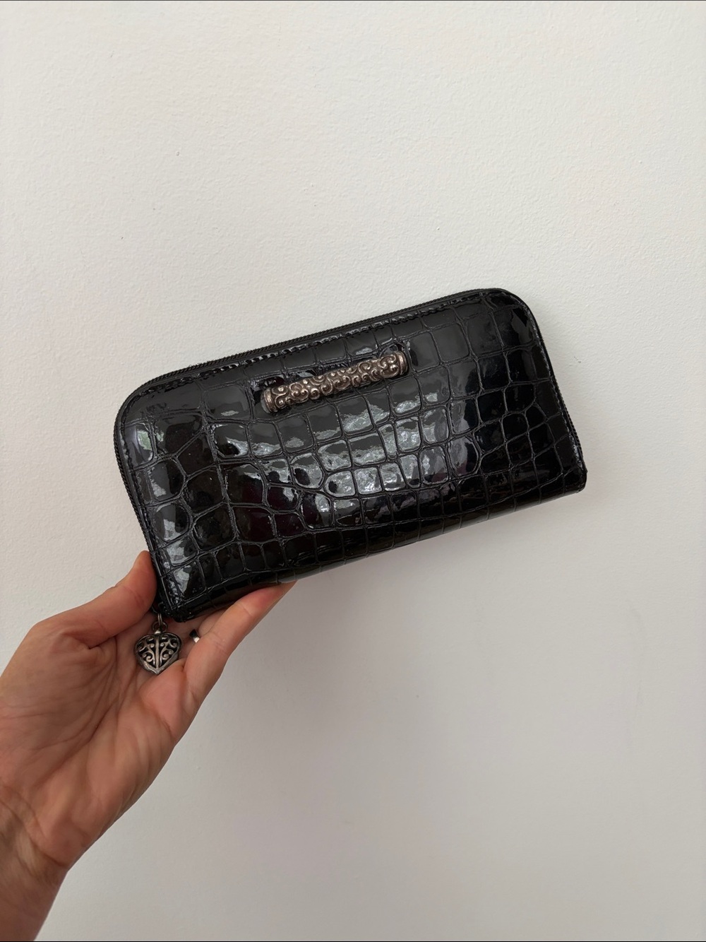 Black Croc-Embossed Zip Wallet with Silver Accent